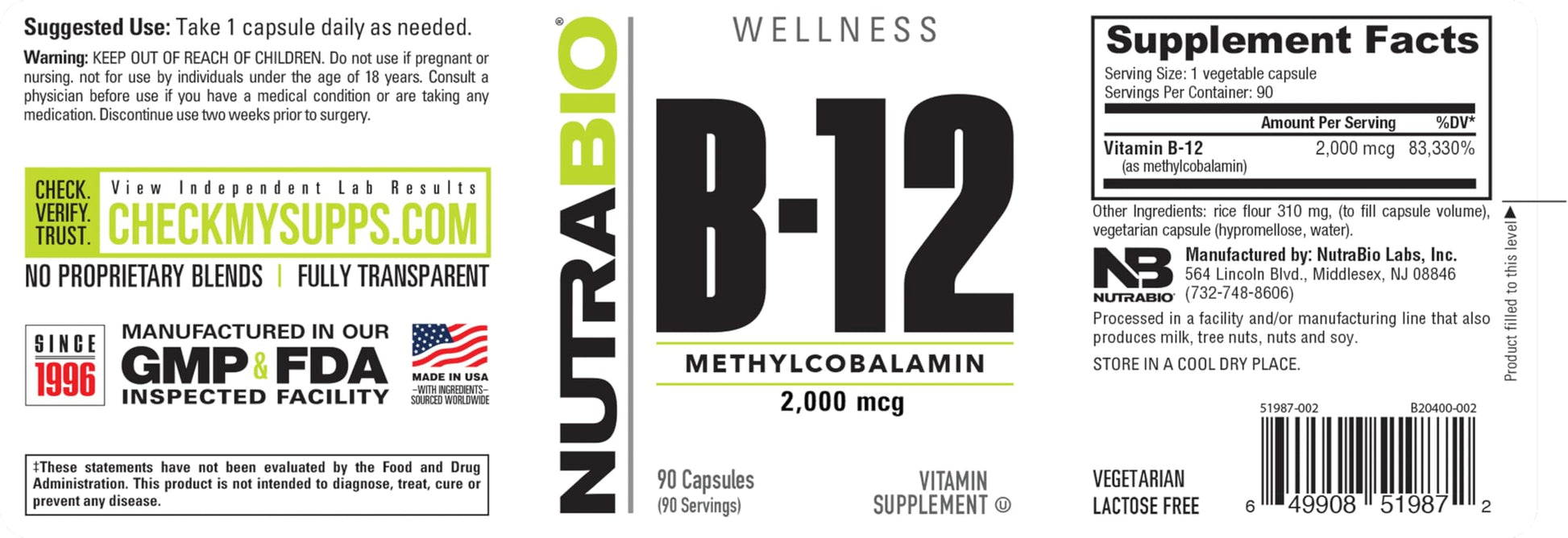 NutraBio Methyl B-12 para salud celular frasco capsulas