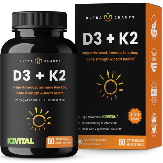 NutraChamps D3 K2 MK7 suplemento para corazón y huesos frasco