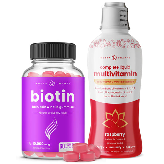 Paquete NutraChamps gomitas de biotina y multivitamínicos líquidos
