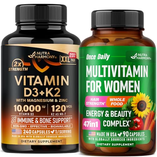Frasco de cápsulas NUTRAHARMONY vitamina D3 K2 y multivitaminas para mujeres
