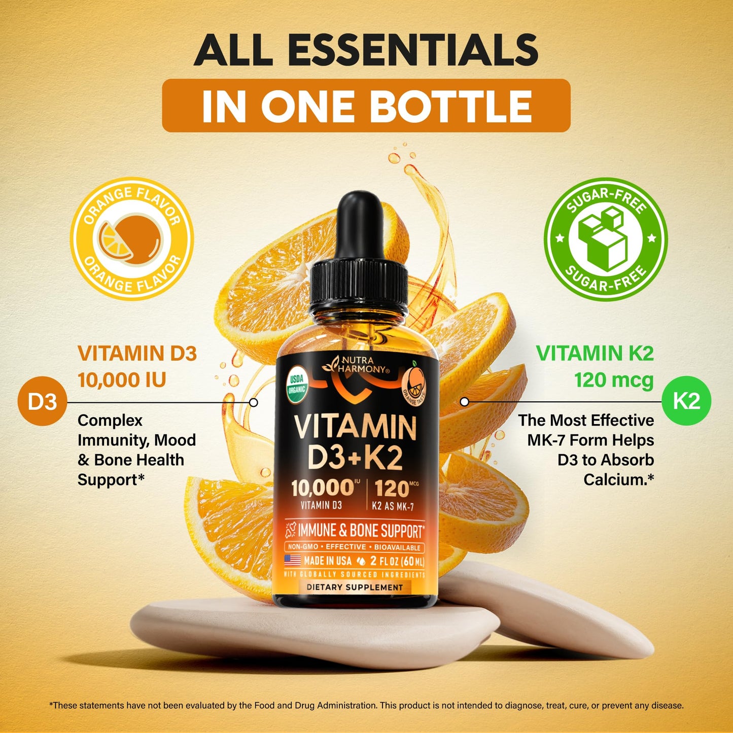NUTRAHARMONY suplemento líquido vitamina D3 K2 con sabor naranja