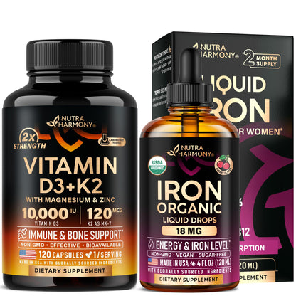Cápsulas de vitamina D3 K2 y gotas de hierro orgánico Nutraharmony