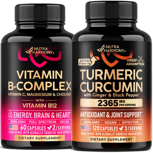 Frasco de vitaminas B complejo y cúrcuma curcumina de NutraHarmony