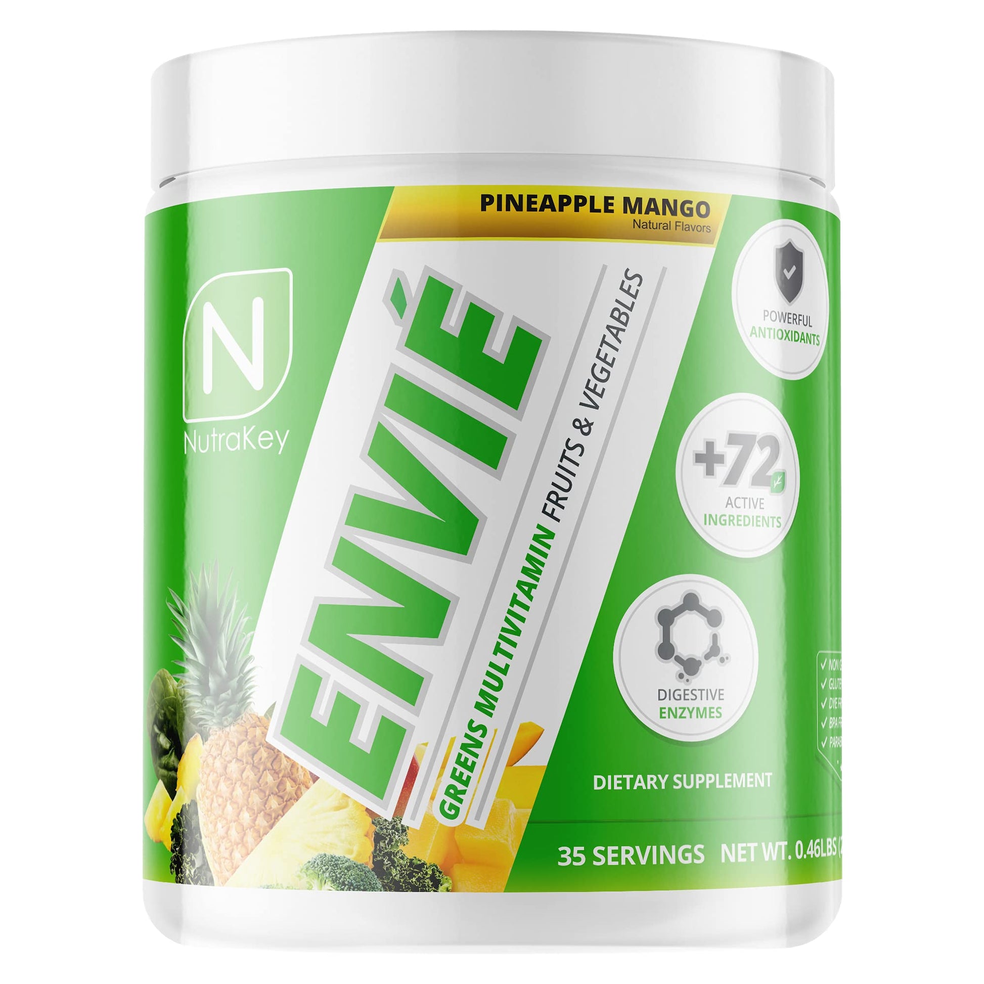 Envase de NutraKey Envie multivitamínico con sabor piña mango
