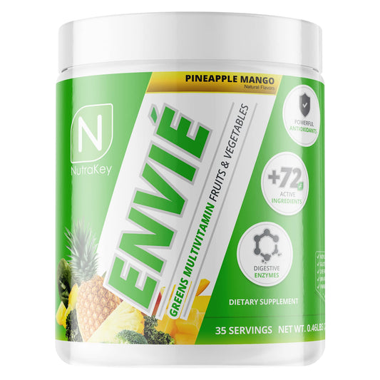 Envase de NutraKey Envie multivitamínico con sabor piña mango