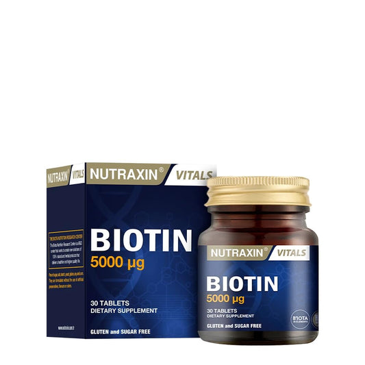 Suplemento Nutraxin Vitals Biotina 5000 mcg botella frontal