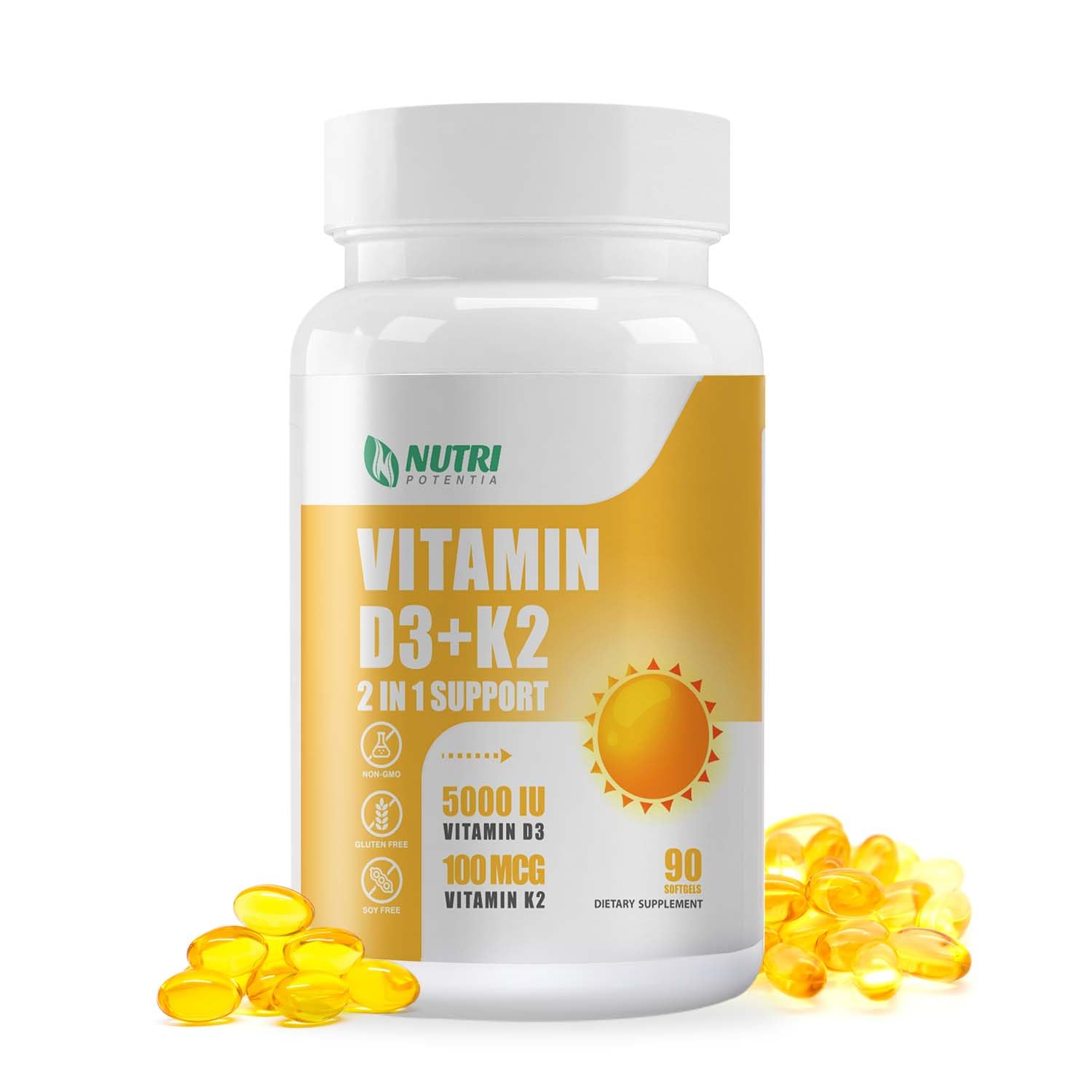 Botella NUTRI POTENTIA vitamina D3 K2 90 softgels aceite MCT