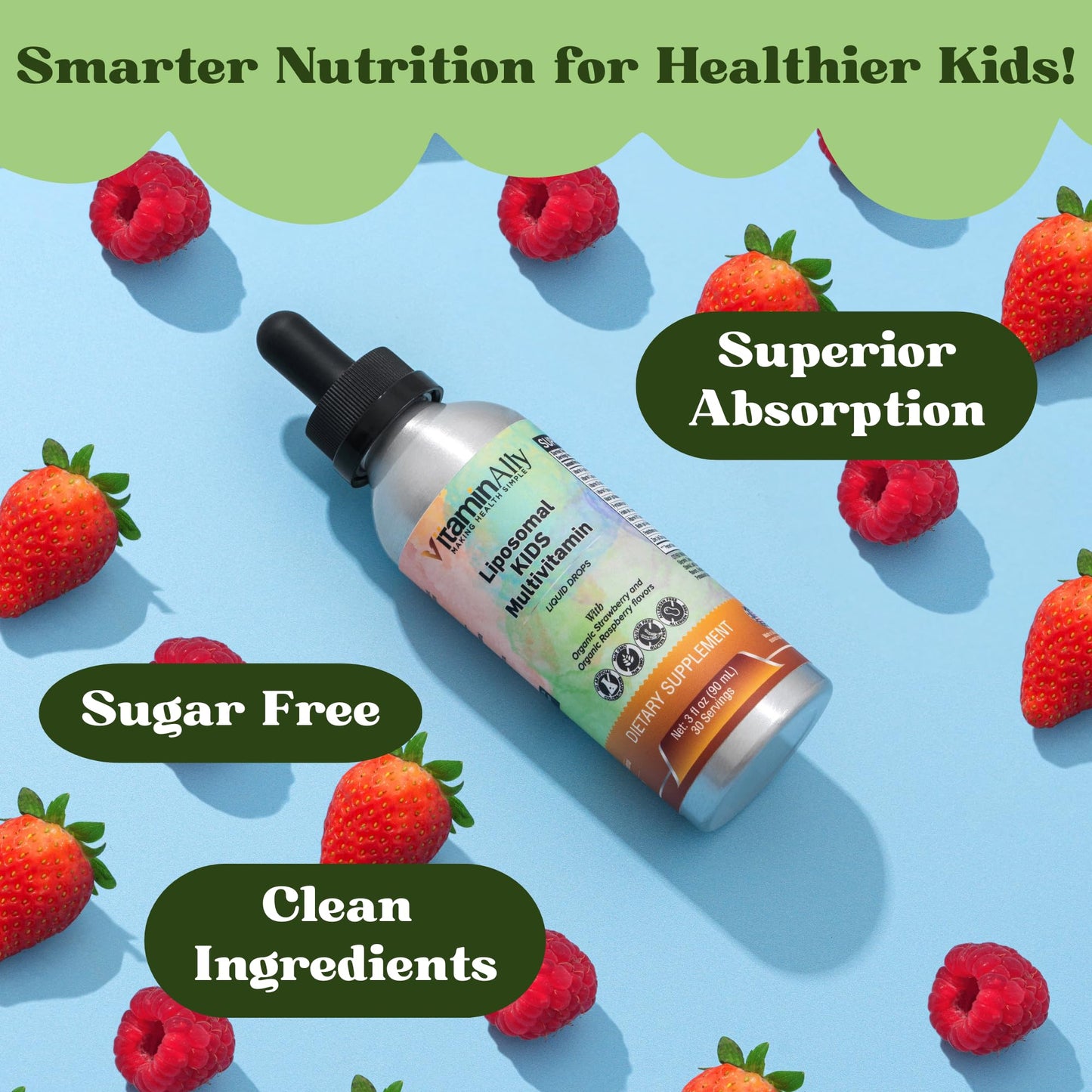 Imagen publicitaria resaltando nutrición inteligente del multivitamínico Liposomal Kids.