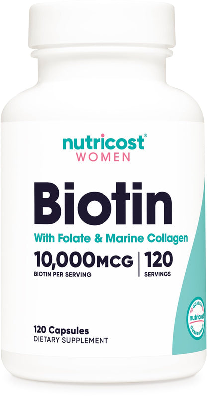 Nutricost biotina para mujeres 10,000mcg frasco principal