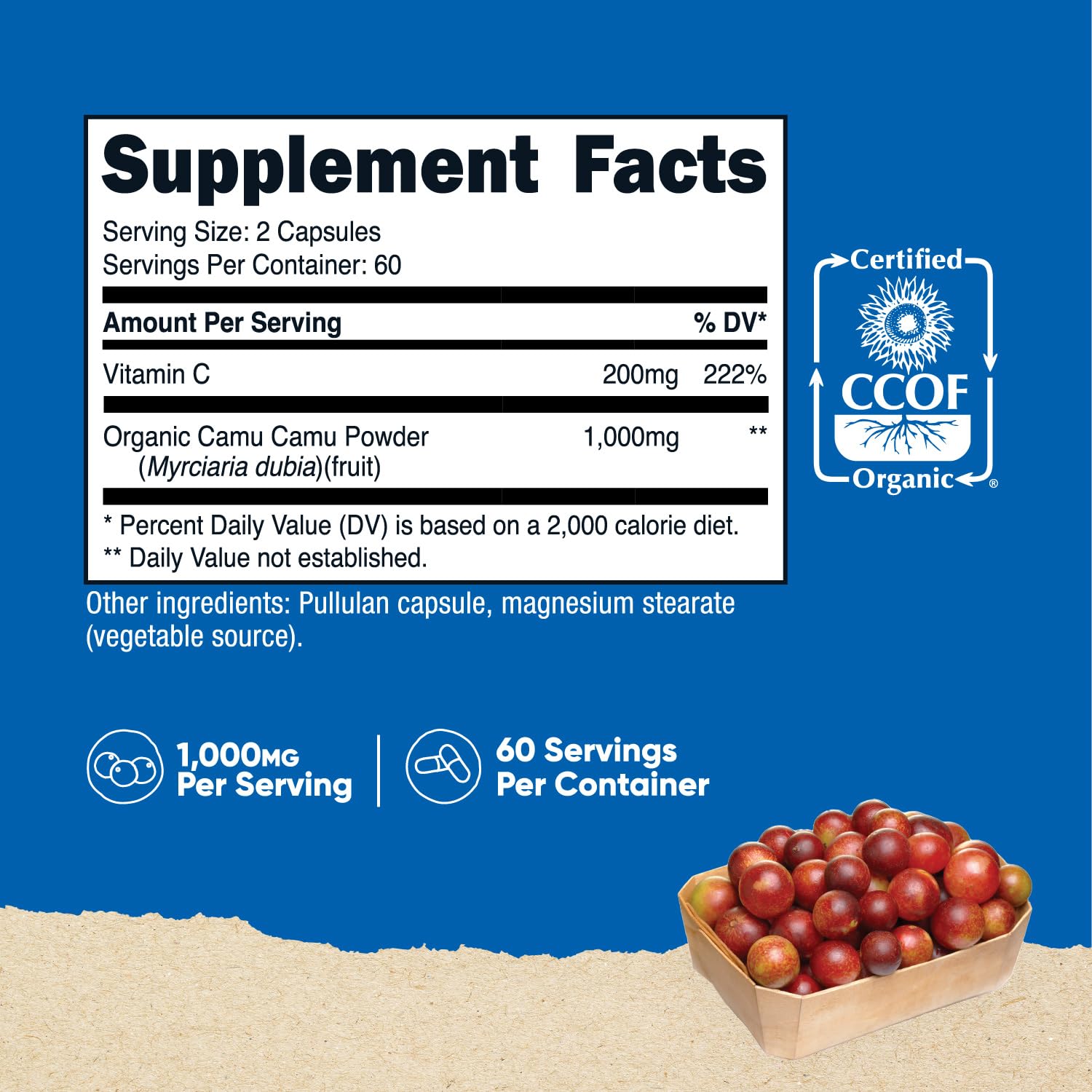 Etiqueta frontal Nutricost Camu Camu suplemento orgánico