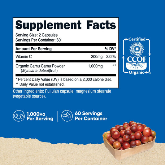Etiqueta frontal Nutricost Camu Camu suplemento orgánico