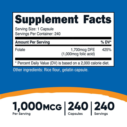 Cápsulas de ácido fólico Nutricost 1000 mcg