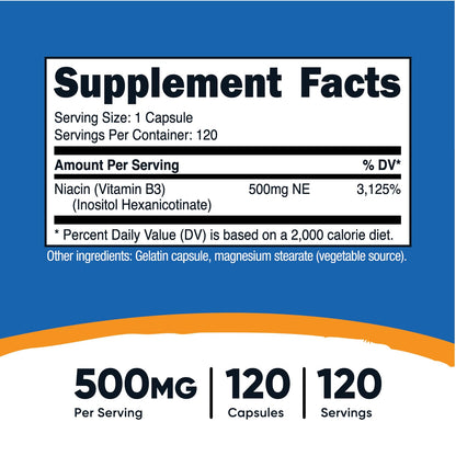 Nutricost Niacina 500mg cápsulas vista lateral roja