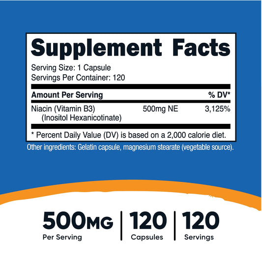 Nutricost Niacina 500mg cápsulas vista lateral roja