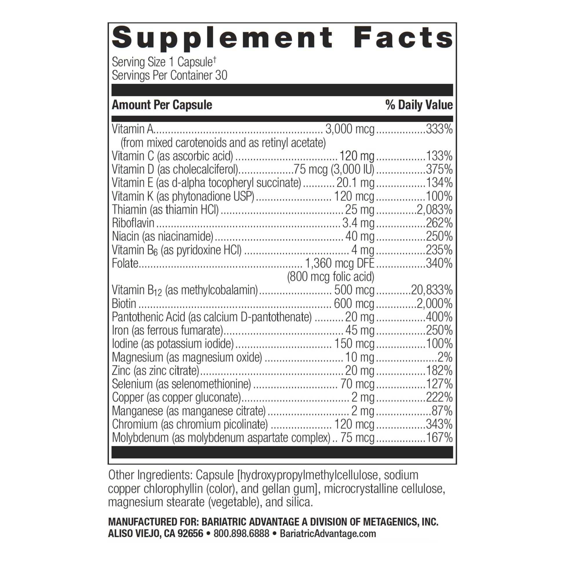 Nutrientes clave del multivitamínico Bariatric Advantage Ultra Solo.