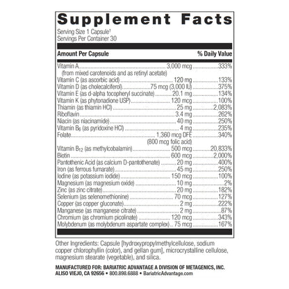 Nutrientes clave del multivitamínico Bariatric Advantage Ultra Solo.