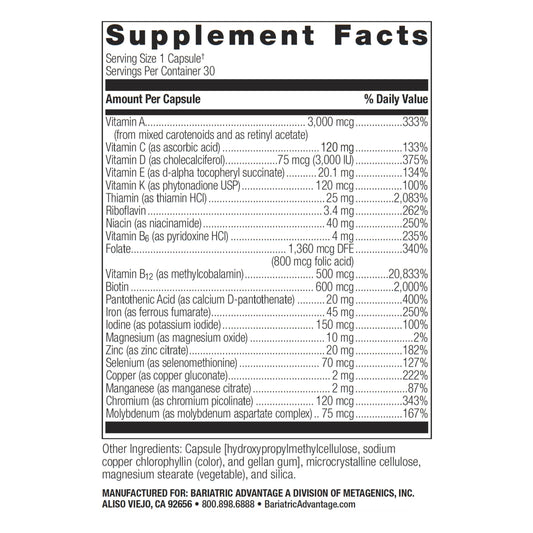 Nutrientes clave del multivitamínico Bariatric Advantage Ultra Solo.