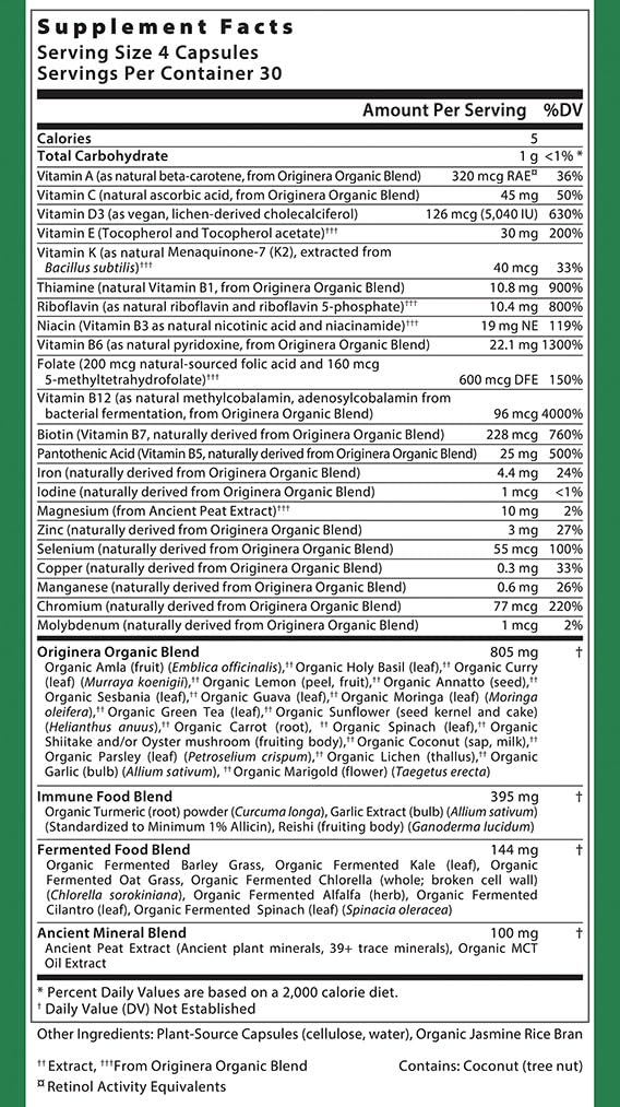Nutrientes y minerales del suplemento multivitamínico de alimentos orgánicos