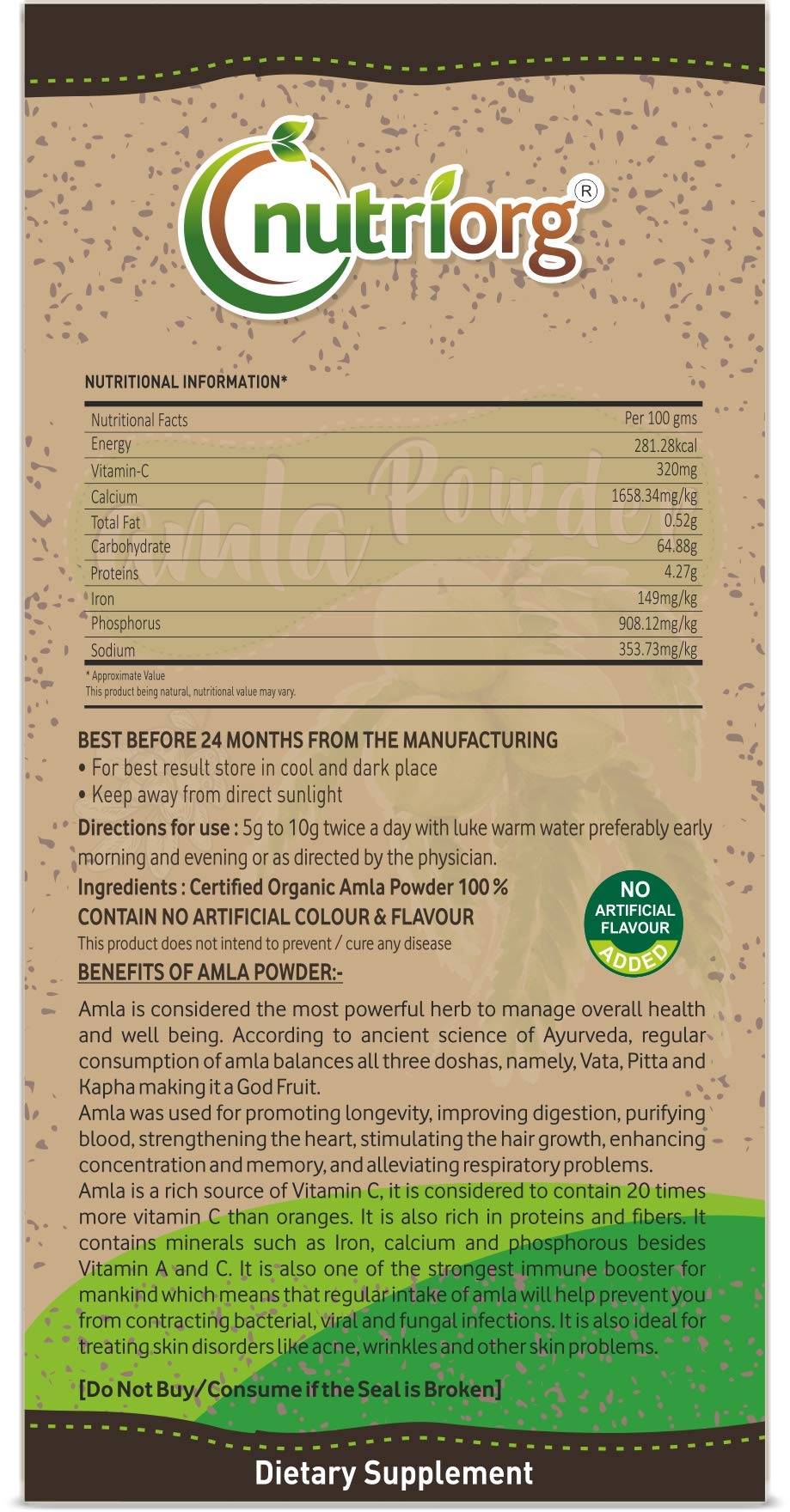 Nutriorg polvo amla paquete trasero con información
