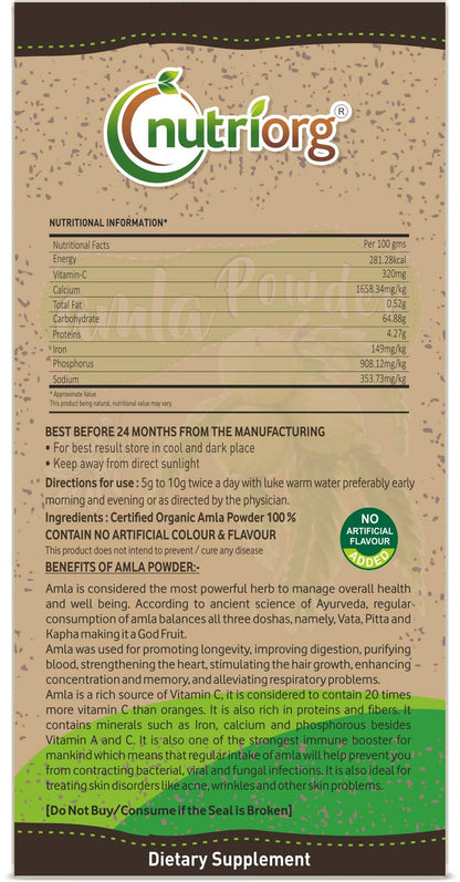 Nutriorg polvo amla paquete trasero con información