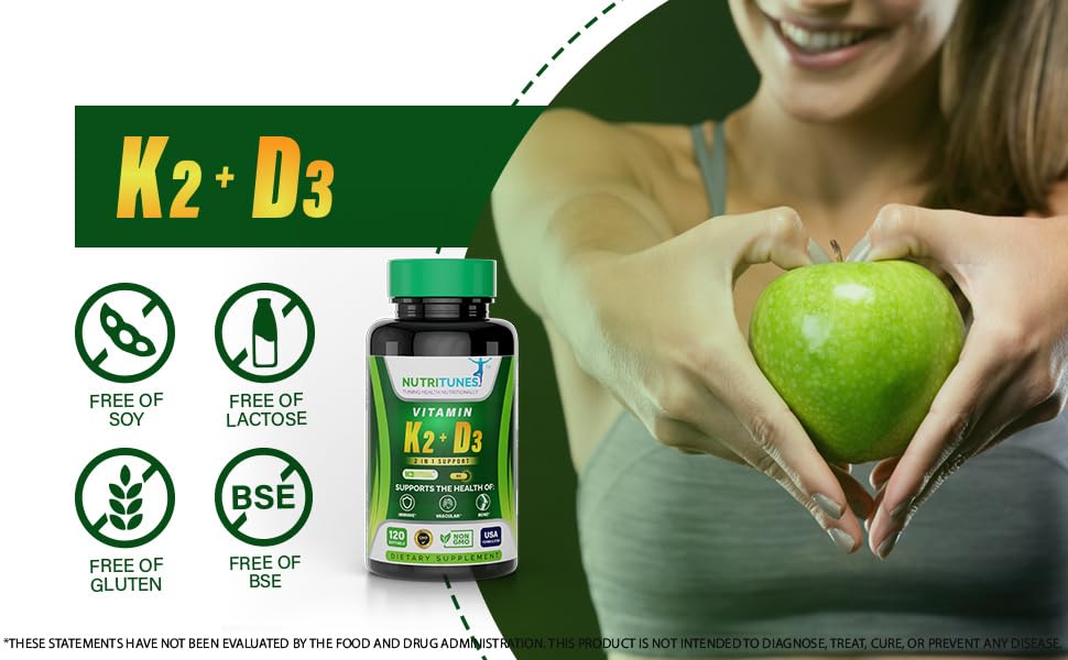 Nutritunes K2 D3 120 cápsulas blanda suplemento para corazón y huesos