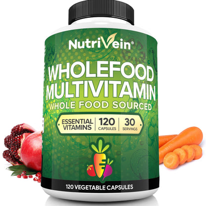 Frasco de Nutrivein multivitamínico vegano de 120 cápsulas para 30 días
