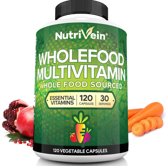 Frasco de Nutrivein multivitamínico vegano de 120 cápsulas para 30 días