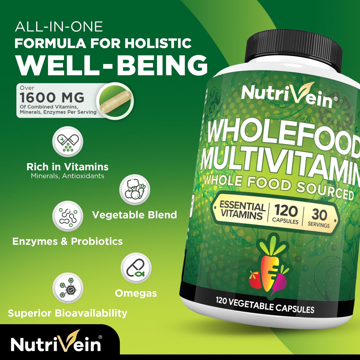 Nutrivein multivitamínico vegano presentación en frasco con 120 cápsulas