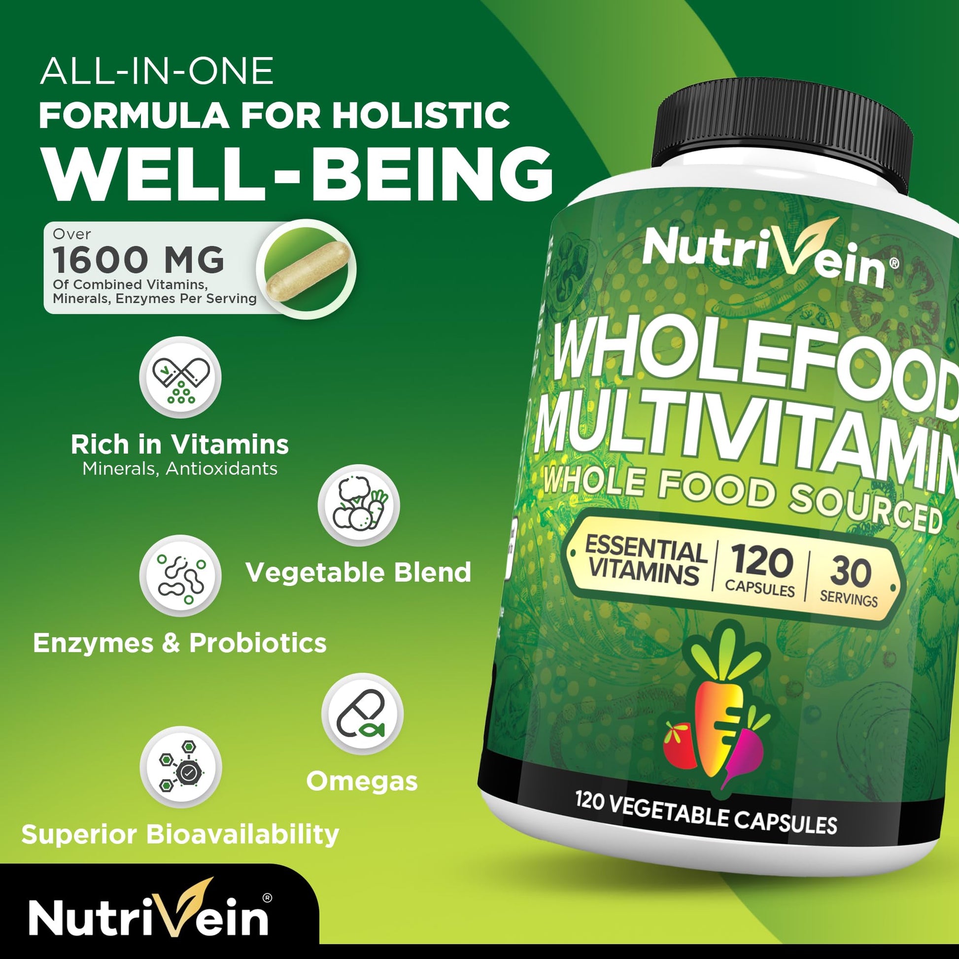 Nutrivein multivitamínico vegano presentación en frasco con 120 cápsulas