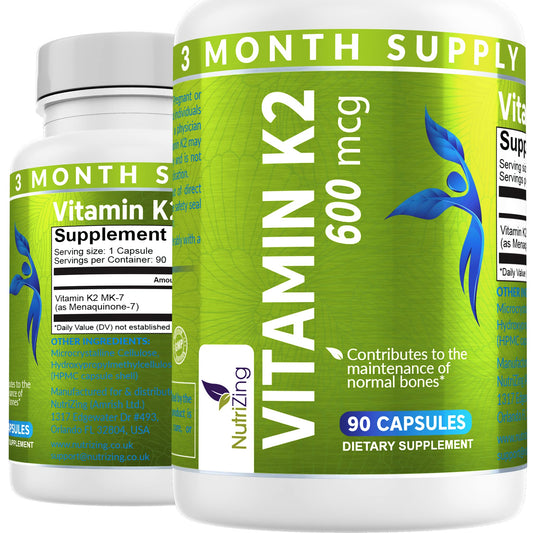 NutriZing Vitamina K2 MK-7 alta potencia 600mcg 90 cápsulas veganas