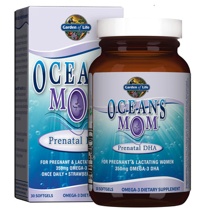 Suplemento prenatal Oceans Mom DHA pura y certificada en cápsulas blandas sabor fresa