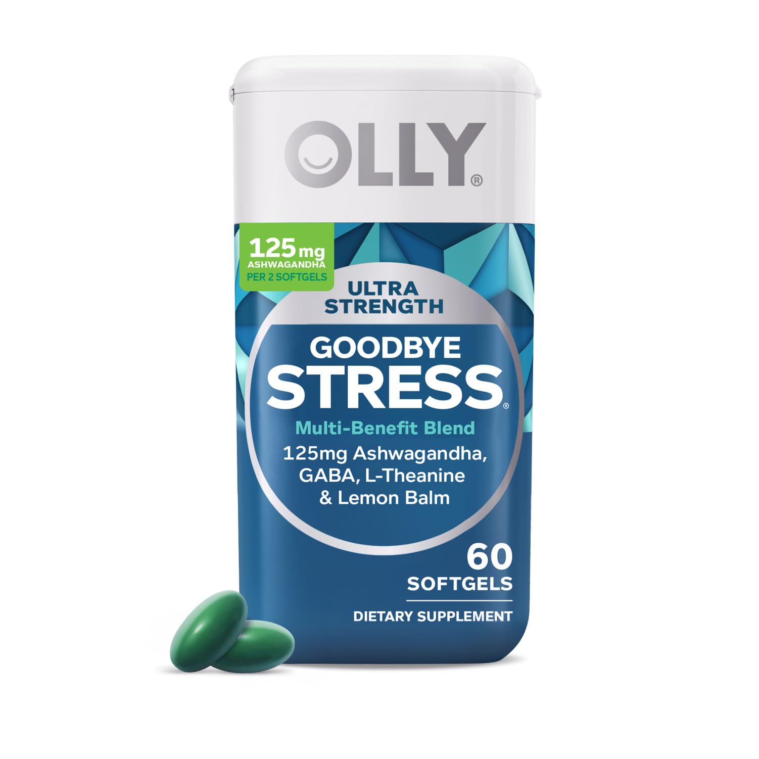Cápsulas Goodbye Stress de OLLY en botella azul