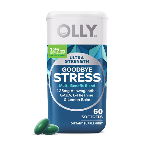 Cápsulas Goodbye Stress de OLLY en botella azul