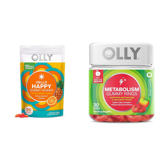 OLLY Hello Happy Gummy Worms y Gummy Rings de Metabolismo en envases