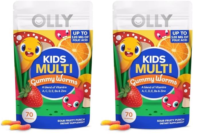 Gusanos multivitamínicos OLLY, paquete de 70 con sabor a fruta ácida.