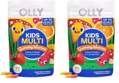 Gusanos multivitamínicos OLLY, paquete de 70 con sabor a fruta ácida.