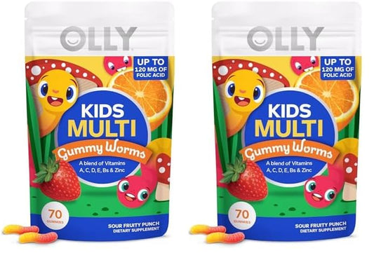 Gusanos multivitamínicos OLLY, paquete de 70 con sabor a fruta ácida.