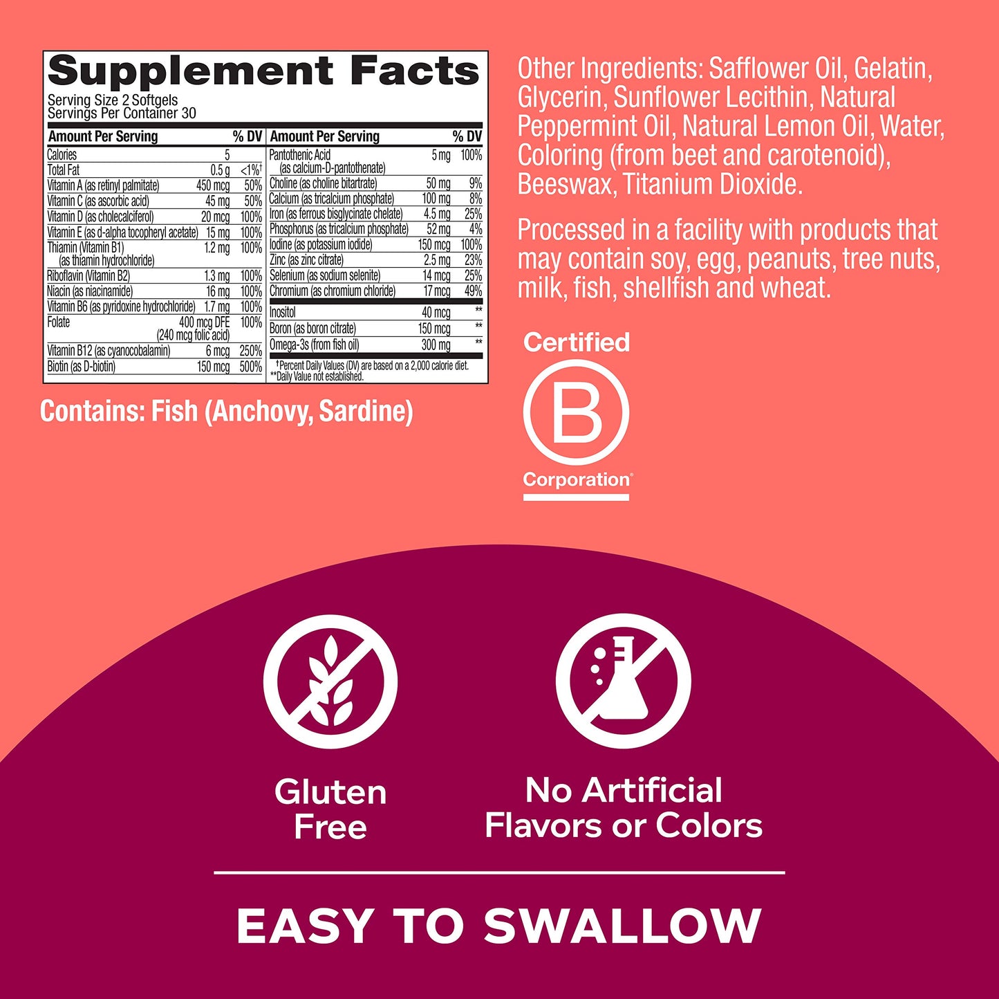OLLY multivitaminas con omega-3, hierro, y vitaminas esenciales.