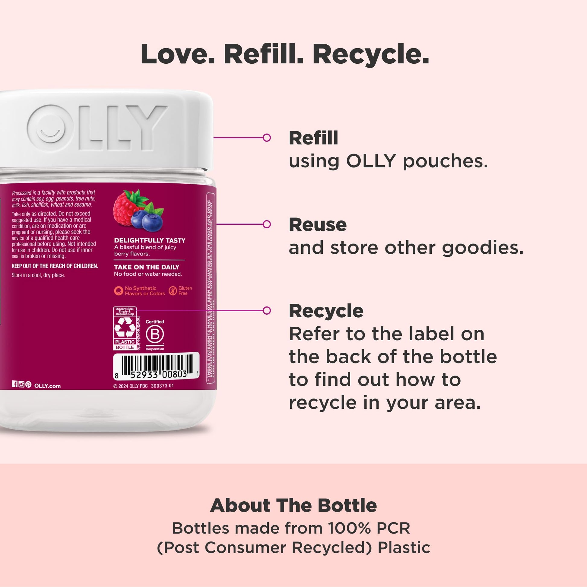 Botella trasera de OLLY multivitaminas, ilustraciones de reciclaje