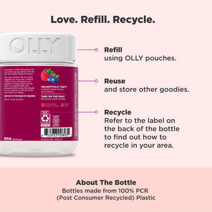 Botella trasera de OLLY multivitaminas, ilustraciones de reciclaje