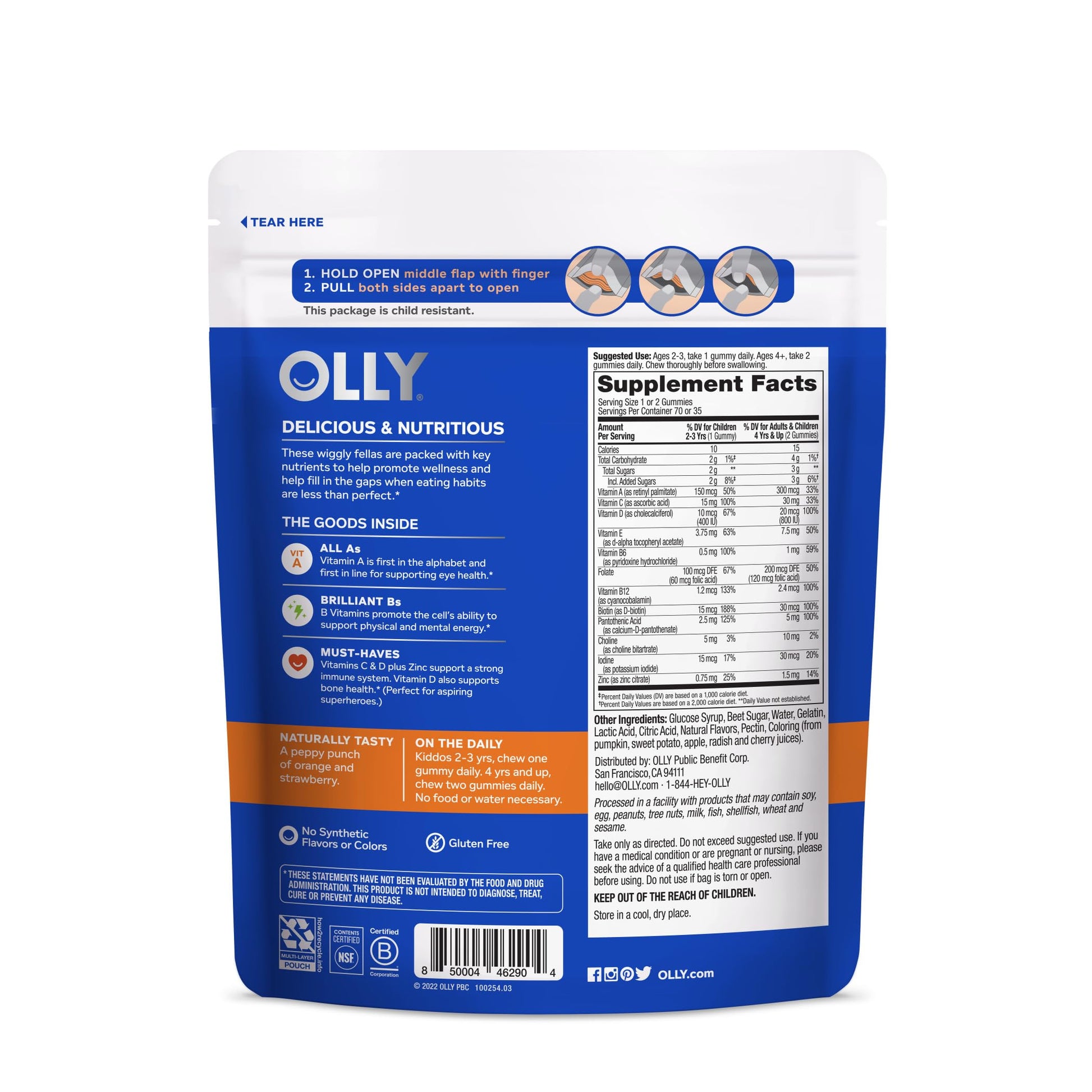 Suplemento masticable para niños OLLY con vitaminas esenciales.