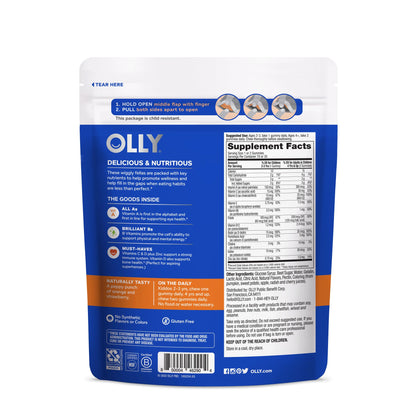 Suplemento masticable para niños OLLY con vitaminas esenciales.