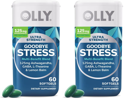 Paquete de OLLY Ultra Strength Goodbye Stress softgels azul