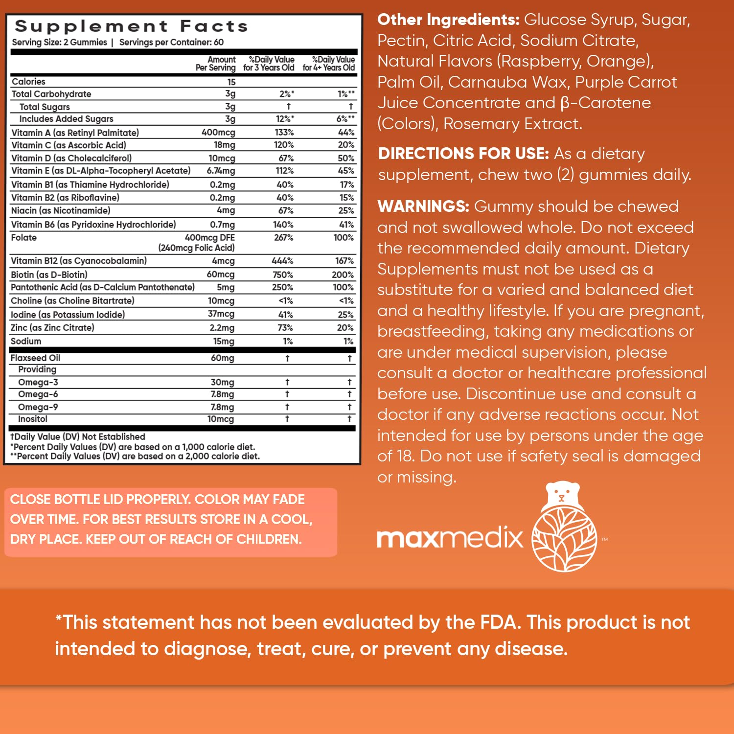 Omega 3, 6 y 9 en gomitas para niños, vista de botella maxmedix.