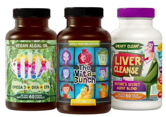 Paquete de cápsulas veganas Omega 3 y multivitamínico