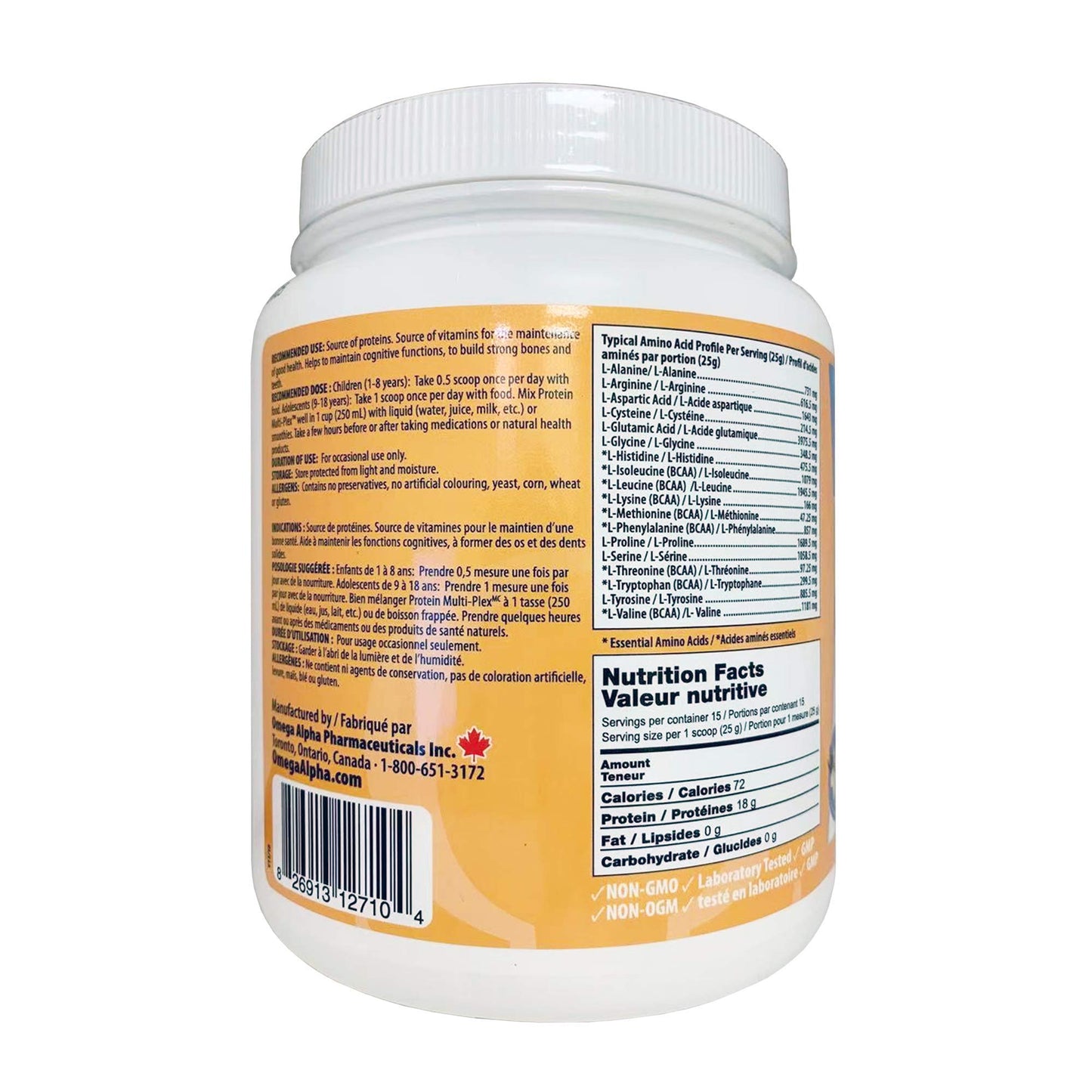 Información nutricional de Omega Alpha Proteína Multi-Plex para Niños