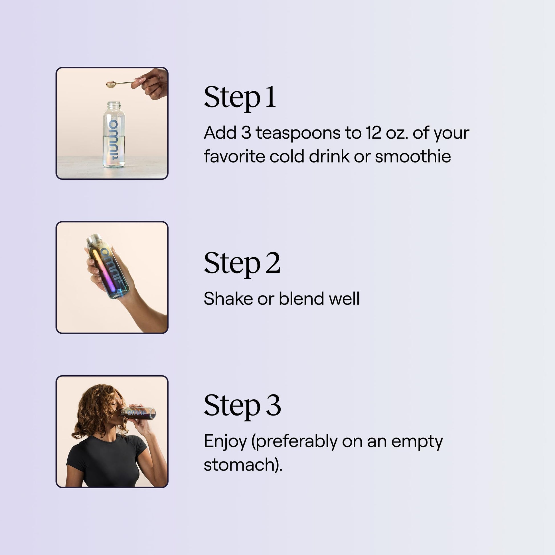 Instrucciones para usar suplemento OMNI1 mezcla con bebidas
