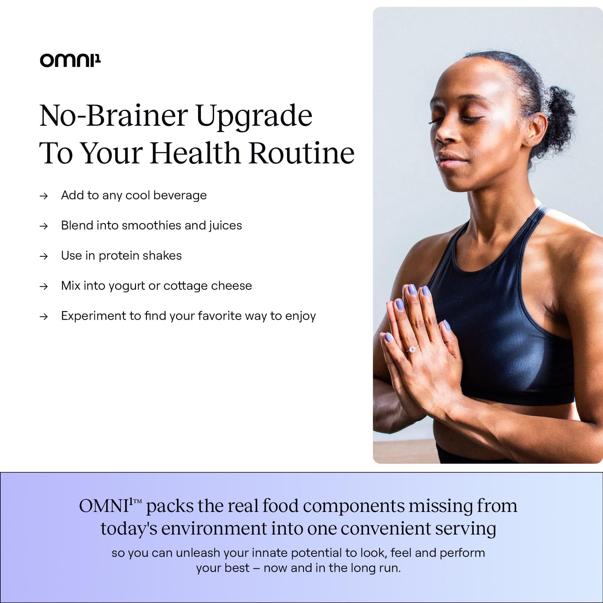Mujer meditando con suplemento OMNI1 para salud y energía