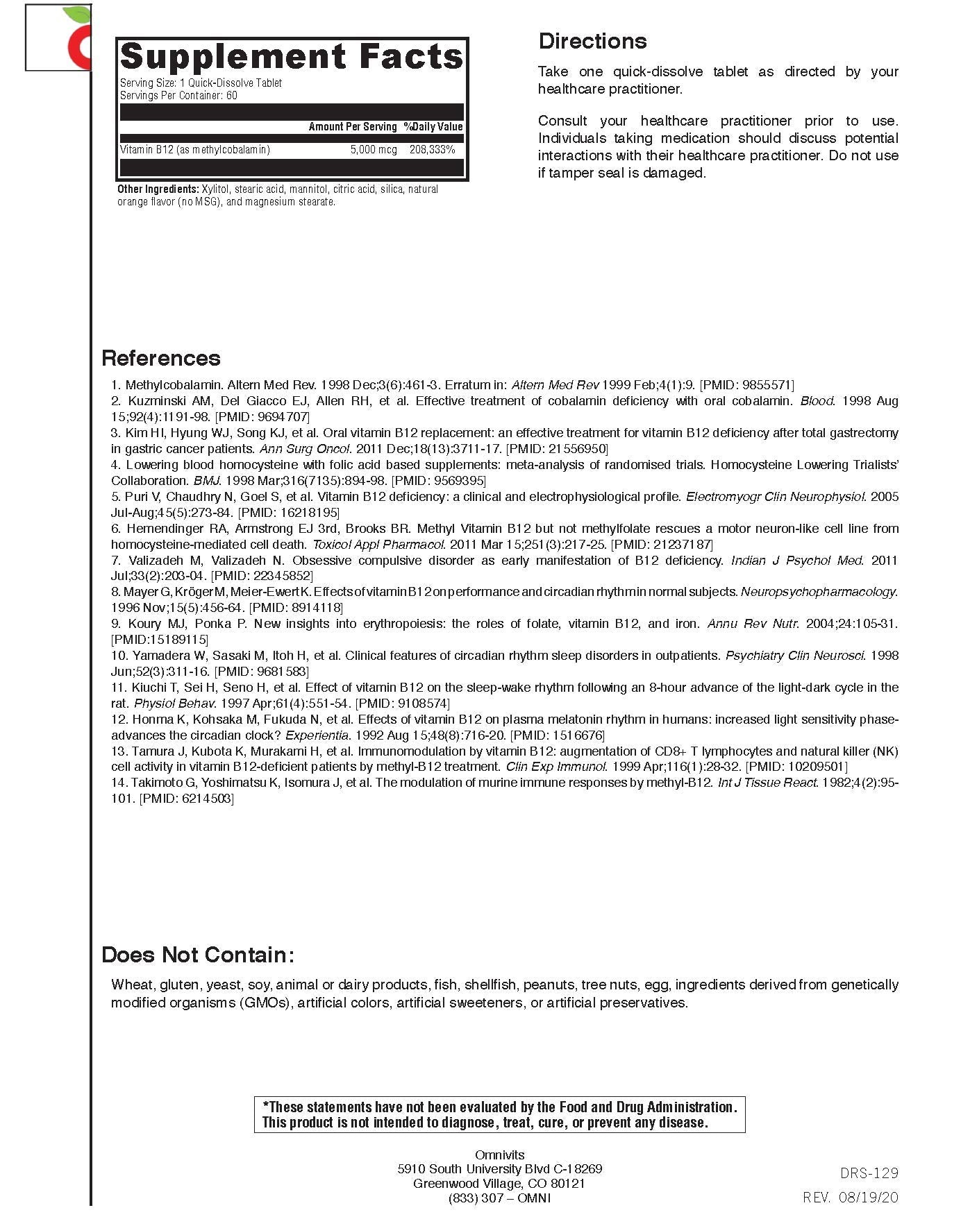 Omnivits metilcobalamina 60 tabletas suplemento vitamina b12