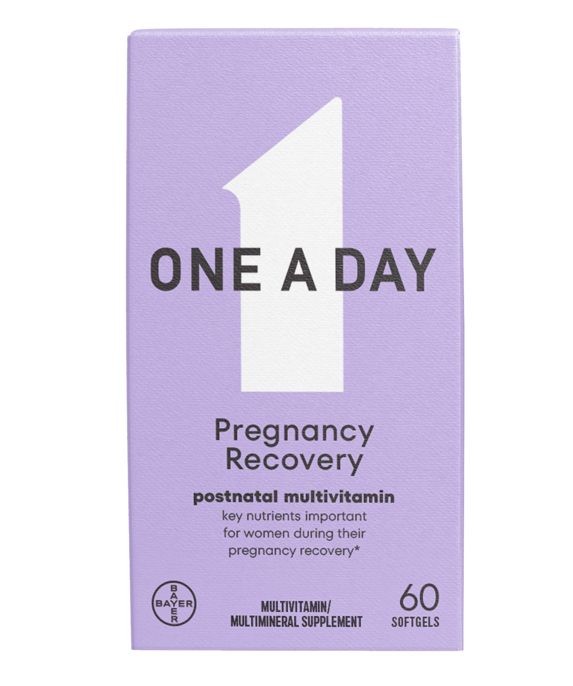 Caja de multivitamínico posnatal ONE A DAY con 60 unidades, empaque violeta.